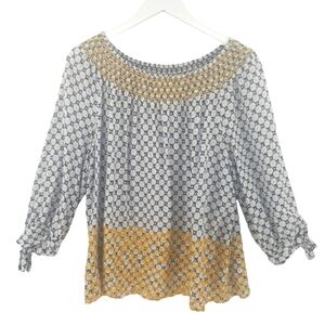 Fever Embroidered Blouse Medium Blue White with Yellow Embroidery 3/4 Sleeve